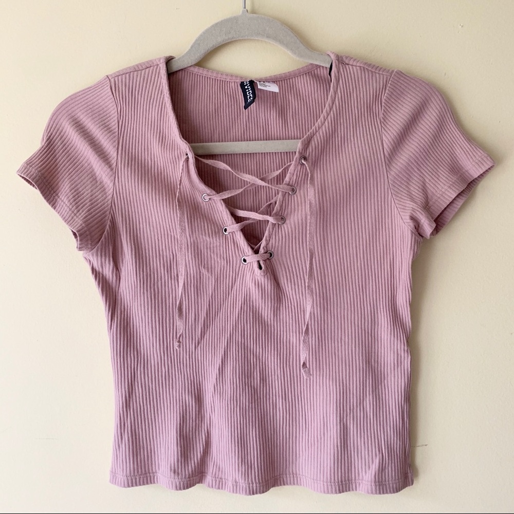 Blush Pink Ribbed Lace Up Crop Top